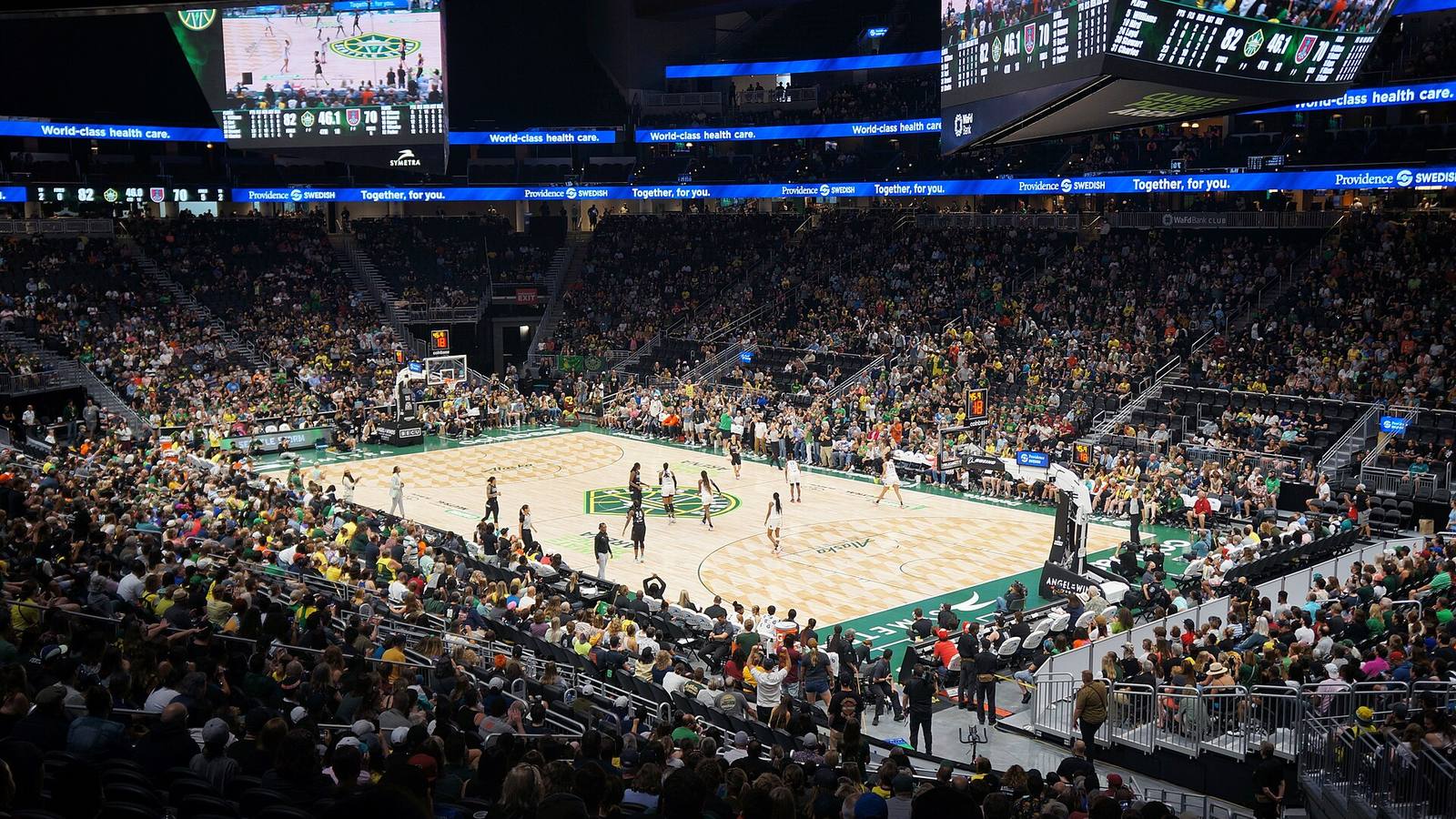 A sold out WNBA game at Climate Pledge Arena, illustrating the growth of women's sports viewership
