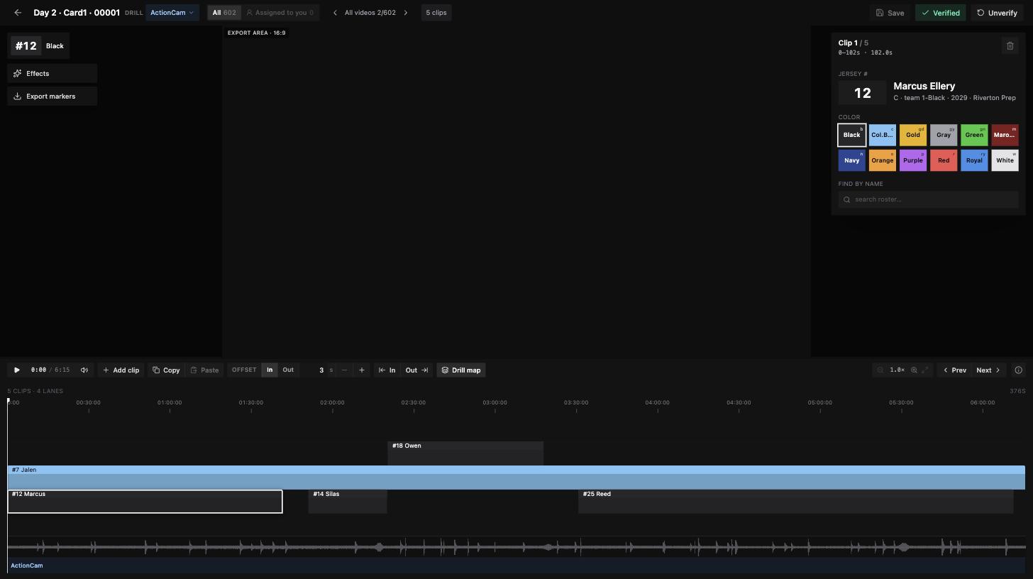 The Narrative clip review screen: player lanes on a timeline, jersey number and roster identity on the right.