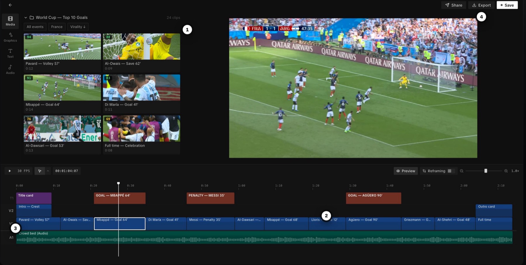 The Narrative timeline editor: media bin, video preview, and a multi-track timeline.