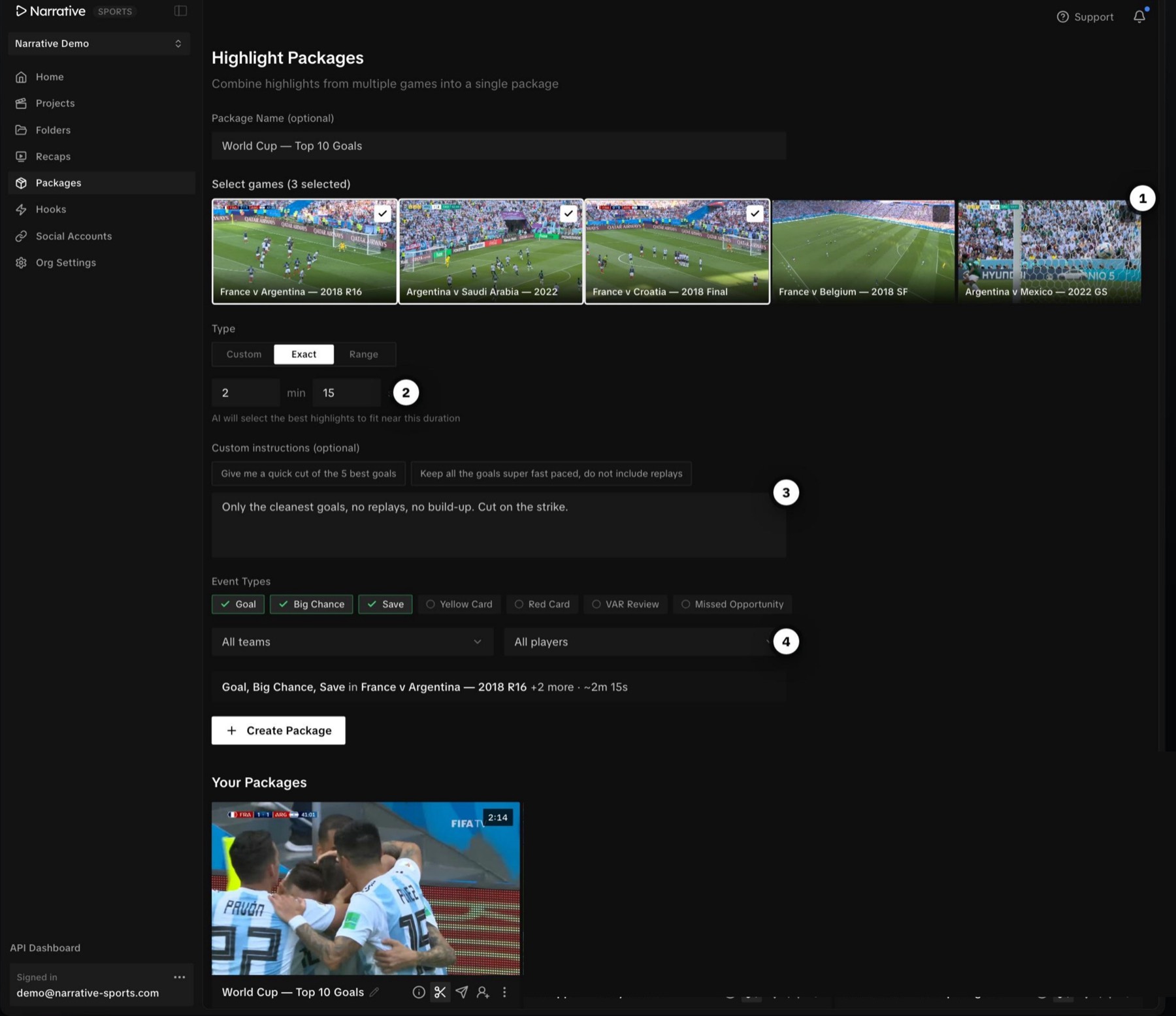 The Narrative Highlight Packages screen: select games, set type and runtime, filter by event.